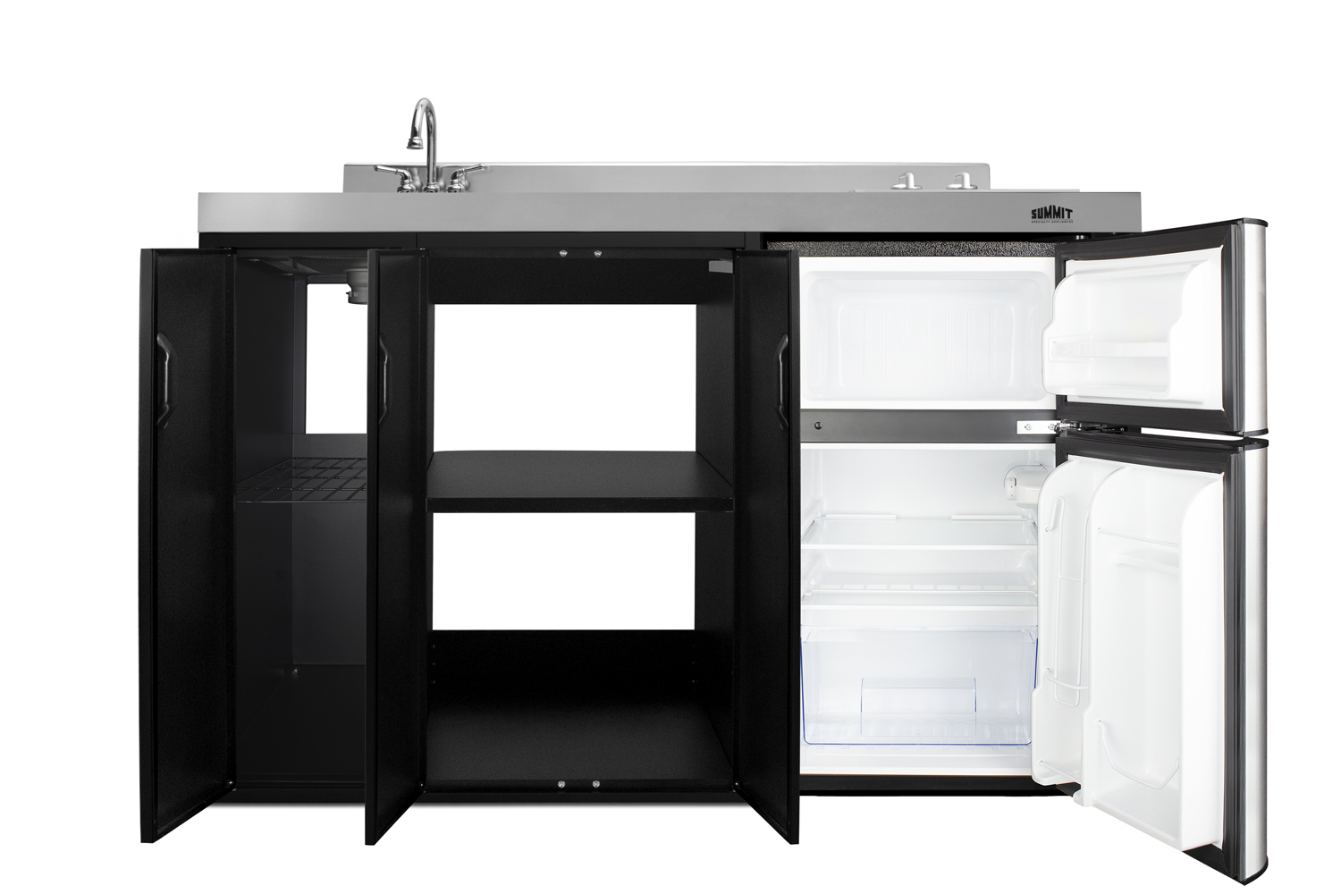54 inch wide all-in-one kitchenette in black with a removable 2-burner 115V smooth top cooktop, 2-door refrigerator-freezer, sink, and two storage cabinets